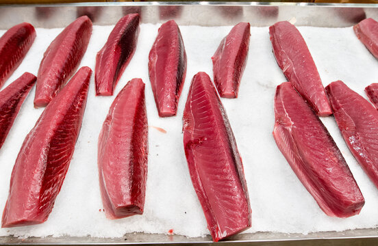 Tuna steaks for sale at a New York wholesale market