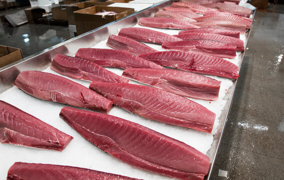 Tuna steaks for sale at a New York wholesale market