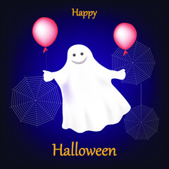 Halloween card with cute ghost and balloons.Vector illustration
