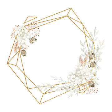 Watercolor fall autumn wreath illustration. Dried floral branches and leaves, winter botanical geometry glitter gold frame for bridal shower, wedding invintation, baby shower, baby nursery decor