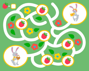 Maze game for children. Help the hare to collect raspberries in the basket. Developing kids attentiveness and spatial  thinking skills. Printable worksheet