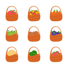 Vegetable and fruits harvest, fresh food natural. Set icon, fruit and vegetable basket. Vector illustration of healthy food