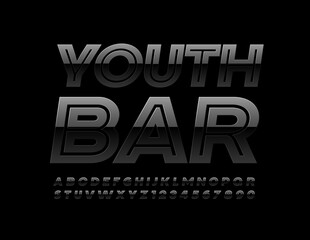 Vector glossy sign Youth Bar. Black creative Font. Modern Alphabet Letters and Numbers set