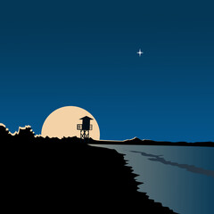 Fototapeta na wymiar Night landscape. Moonrise on the sea. Background illustration.