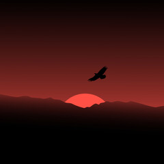 Red moon rising and an eagle in the night sky. Background vector illustration.