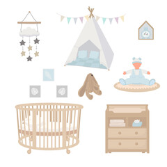 Obraz premium Nursery interior with kids bed, changing table, wigwam, toy hare, decorating for a child's room. Vector Illustration for presentation, print, banner, scrapbooking, card