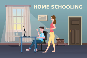 Home Schooling Online boy studying with computer and mother