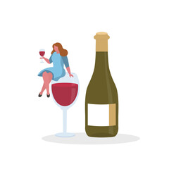 Vector illustration with woman, wine glass and  wine bottle. Alcohol drink. Print design with alcohol  for banner, postcard, web page. Concept of wine lover