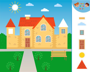 Obraz na płótnie Canvas Game for children. Cut and Glue house details. Educational puzzle game. Kids crafts activity page. Worksheet for printing. Vector illustration