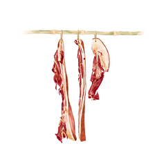 Watercolor Illustration of preserved meat hanged on a bamboo pole, common ingredients in Chinese Cuisine, isolated on white background.