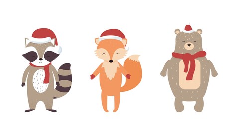 Set of cute Scandinavian animals fox, racoon, bear in Christmas hats and scarves isolated on white background. Stylish holiday decorations.