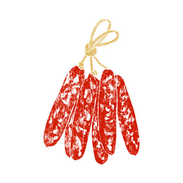 Illustration of hanging Chinese sausage, common ingredients in Chinese Cuisine, isolated on white background.