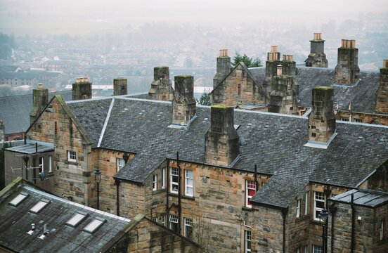 View across rooftops on a rainy day