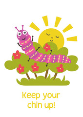 Funny caterpillar sits on a bush. Positive children greeting card. Vector illustration