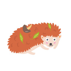 Cartoon vector hedgehog with needles and fruits on the back