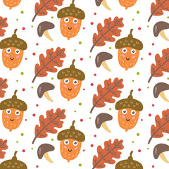 Maple leaf acorn seamless pattern. Vector background