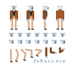 Polar bear character in brown suit creation set. Create your own pose, action, animation. Flat design vector illustration