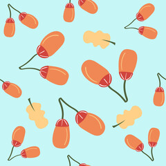 Seamless pattern of acorns, leaves. Flat blue background.  Autumn.