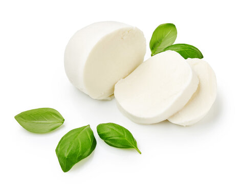 Pieces of mozzarella Buffalo cheese with basil leaves. Sliced cheese isolated on white background.