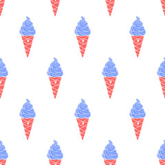 Obraz premium Seamless cute ice cream cone pattern. Hand-drawn colorful summer food vector. Doodle ice-cream on white background for kitchen, restaurant and food design. EPS 8