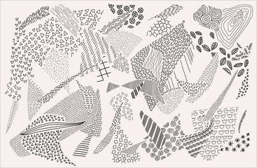 Set of hand drawn abstract pieces. Creative pattern collage. Modern abstract design.