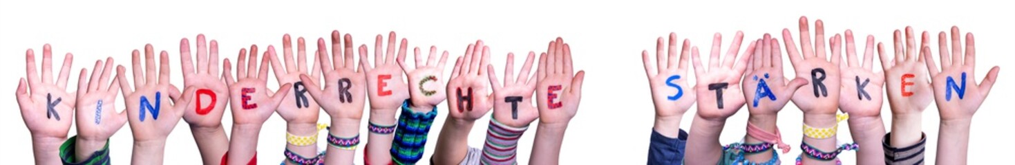 Children Hands Building Colorful German Word Kinderrechte Staerken Means Strengthen Children Rights. White Isolated Background