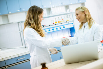 Female researchers in white lab coat using laptop while working in the laboratory