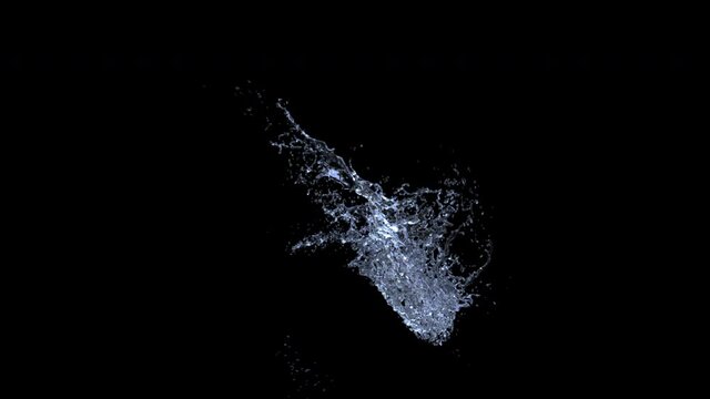 Water splash explode from center around itself. high resolution for element. slow motion. Alpha channel included in the end of the clip.