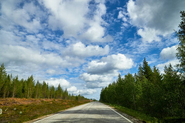 Beautiful landscape with blue sky, white clouds and the road that goes to the horizon with the...