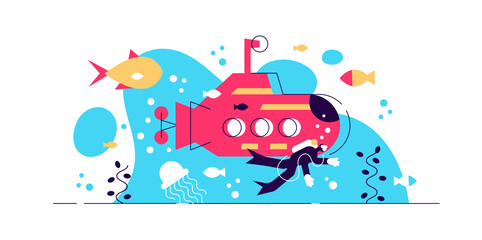Oceanography vector illustration. Flat tiny 