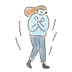 女性　寒い　凍える　冷え性　冬　水彩　手描き