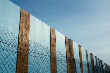 Chain link fence in front blue wall