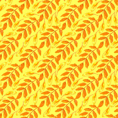Watercolor autumn rowan leaves seamless pattern. Colorful backgrounds and textures for seasonal design, packaging, home textiles, fabric, thanksgiving theme and happy fall
