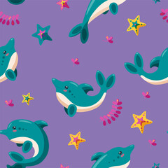 Seamless pattern with dolphins, starfish and seaweed. Pattern for backgrounds, wallpapers and textile. Cartoon vector illustration in purple backround.