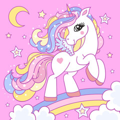 Obraz na płótnie Canvas Cute, cartoon unicorn on a rainbow on a pink background. Children's Design. Vector