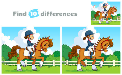 Girl riding a horse. Equestrian sport.  Find 10 differences. Educational game for children. Cartoon vector illustration. 