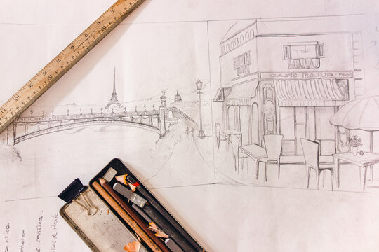 Artist's sketch drawings of Paris Eiffel Tower