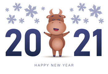 Happy new year 2021 greeting card with bull.