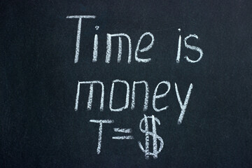 The inscription in chalk on a dark board Money is, next to it is drawn a symbolic formula.