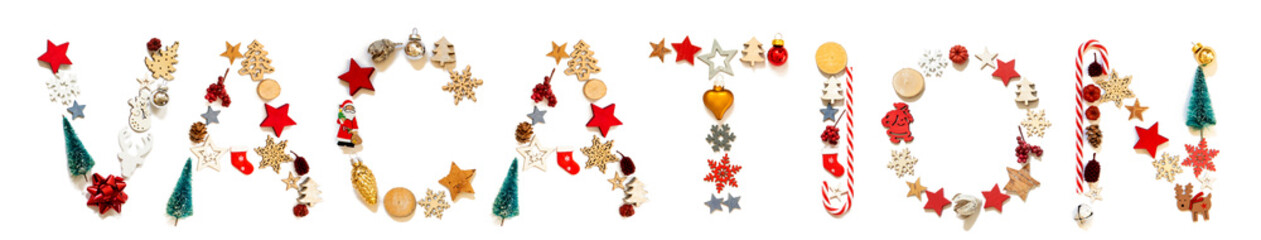 Colorful Christmas Decoration Letter Building English Word Vacation. Festive Ornament Like Christmas Tree, Star And Ball. White Isolated Background