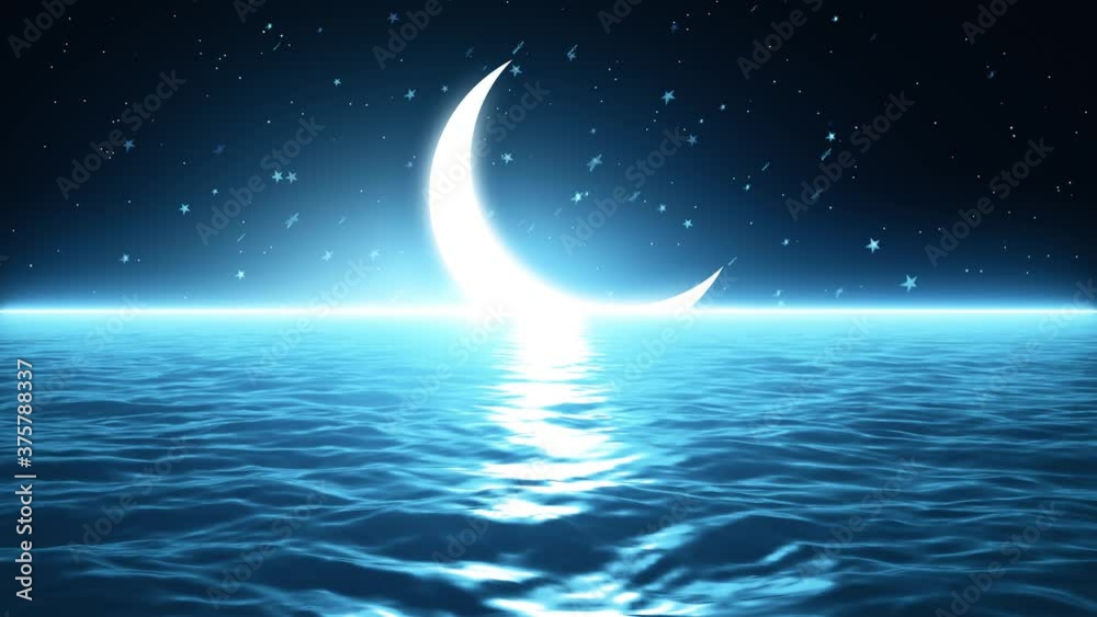 Poster 3d loopable animation background of half moon and sea.
