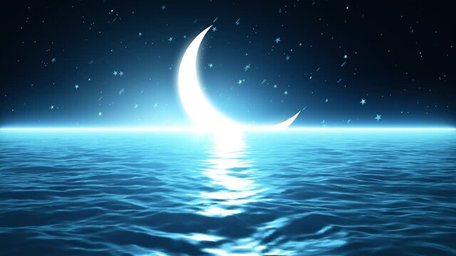 3d loopable animation background of half moon and sea.