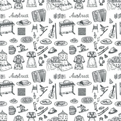 Seamless pattern with cute hand drawn Welcome to Austria icons. Vector sketch. 
