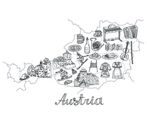 Fototapeta premium Illustration with Auatia map and cute hand drawn Welcome to Austria icons. Vector sketch. 