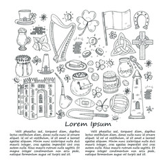 Illustration with Ireland related hand drawn icons including irish coffee; irish round tower and others. Doodle vector Ireland related collection
