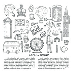  Illustration with Welcome to Great Britain hand drawn icons including Big Ben, crown, teapot, bus and others. Doodle vector UK related collection