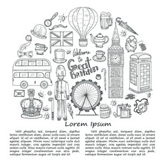 Illustration with Welcome to Great Britain hand drawn icons including Big Ben, crown, teapot, bus and others. Doodle vector UK related collection