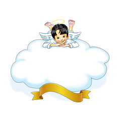 Vorlage Template Engel Engelchen niedlich süß hübsch liegt barfuß lächelnd Wolke Blase Banner Band Jubiläum Feiertag Werbung mock up, layout, logo, design Freude freudig anschauen Plakat Hinweisschild