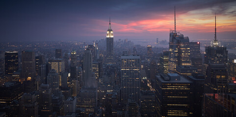 High angle shot of a beautiful cityscape at sunset in New York City, USA