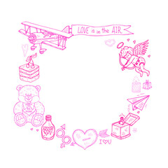 Fototapeta na wymiar Circle frame with cute hand drawn Valentines Day icons. Love collection. Vector